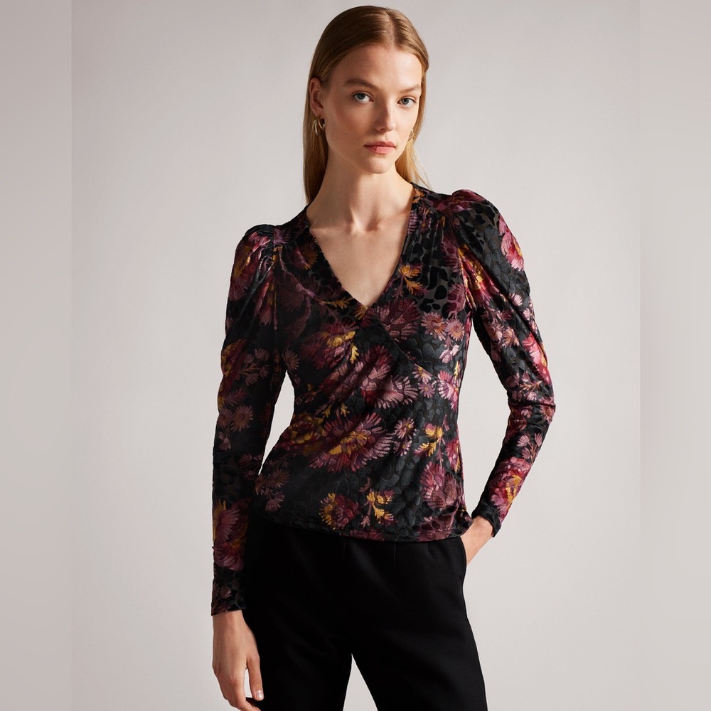 Ted Baker London Ettya Plunge Neck Puff Sleeve Burnout Velvet Top Maximalist